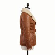 Women's Tan Brown Belted Shearling Leather Jacket