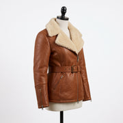 Women's Tan Brown Belted Shearling Leather Jacket