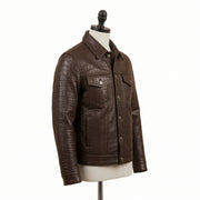 Men’s Dark Brown Crocodile Embossed Leather Trucker Jacket