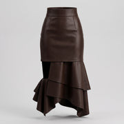 Brown Asymmetrical Ruffle Leather Midi Skirt – Women’s Leather Skirt