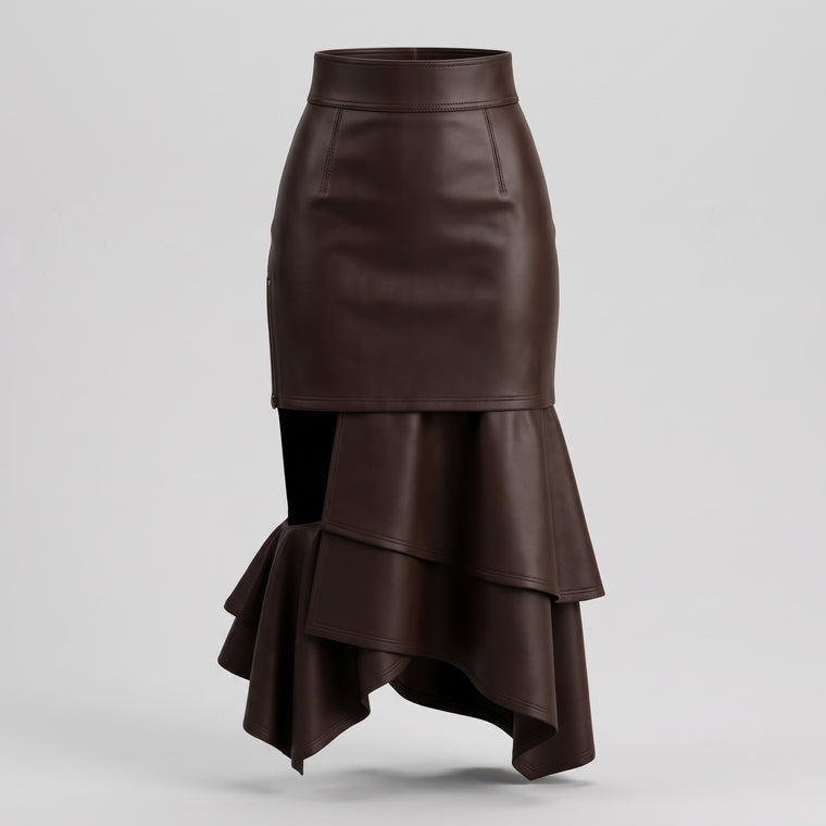 Brown Asymmetrical Ruffle Leather Midi Skirt – Women’s Leather Skirt
