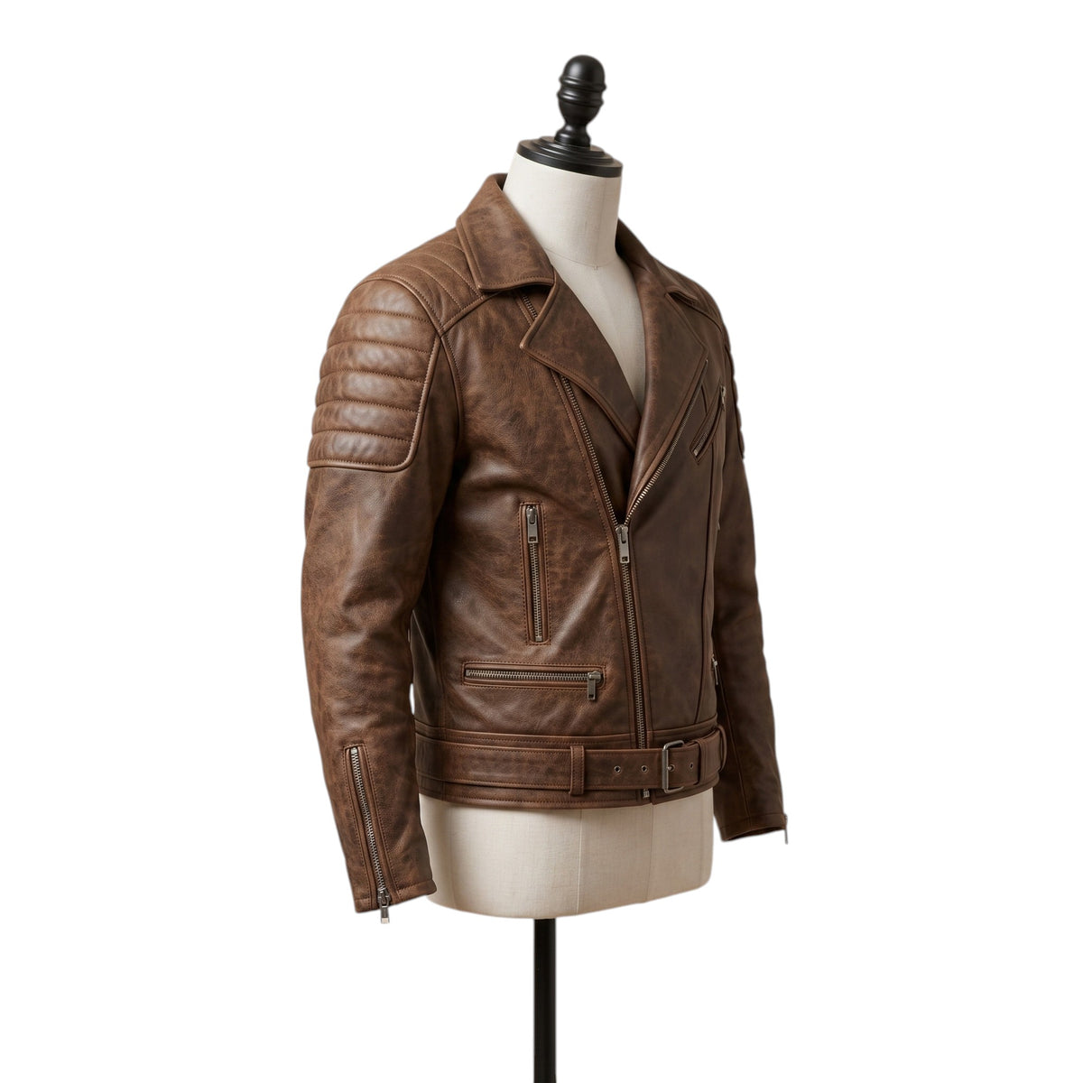 Vintage Distressed Brown Leather Biker Jacket