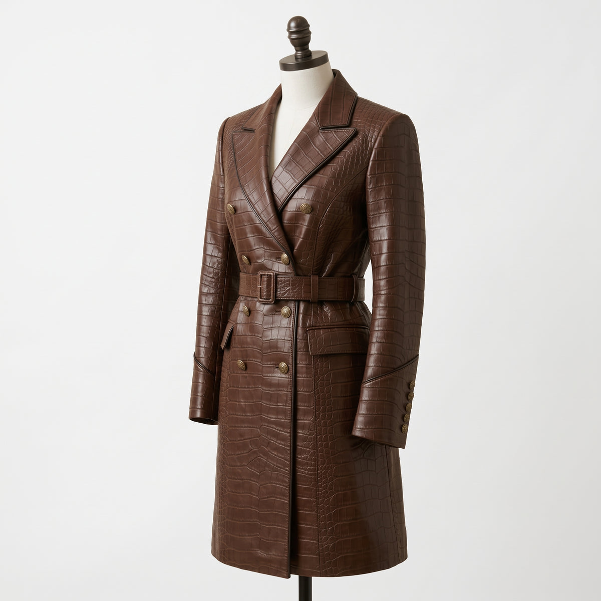 A brown crocodile-embossed double-breasted coat displayed on a mannequin against a plain white background.