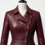 Women’s Burgundy Croc-Embossed Leather Coat – Asymmetrical Fitted Coat