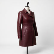 Women’s Burgundy Croc-Embossed Leather Coat – Asymmetrical Fitted Coat