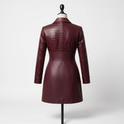 Women’s Burgundy Croc-Embossed Leather Coat – Asymmetrical Fitted Coat