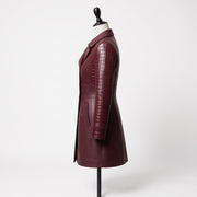 Women’s Burgundy Croc-Embossed Leather Coat – Asymmetrical Fitted Coat