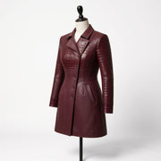 Women’s Burgundy Croc-Embossed Leather Coat – Asymmetrical Fitted Coat