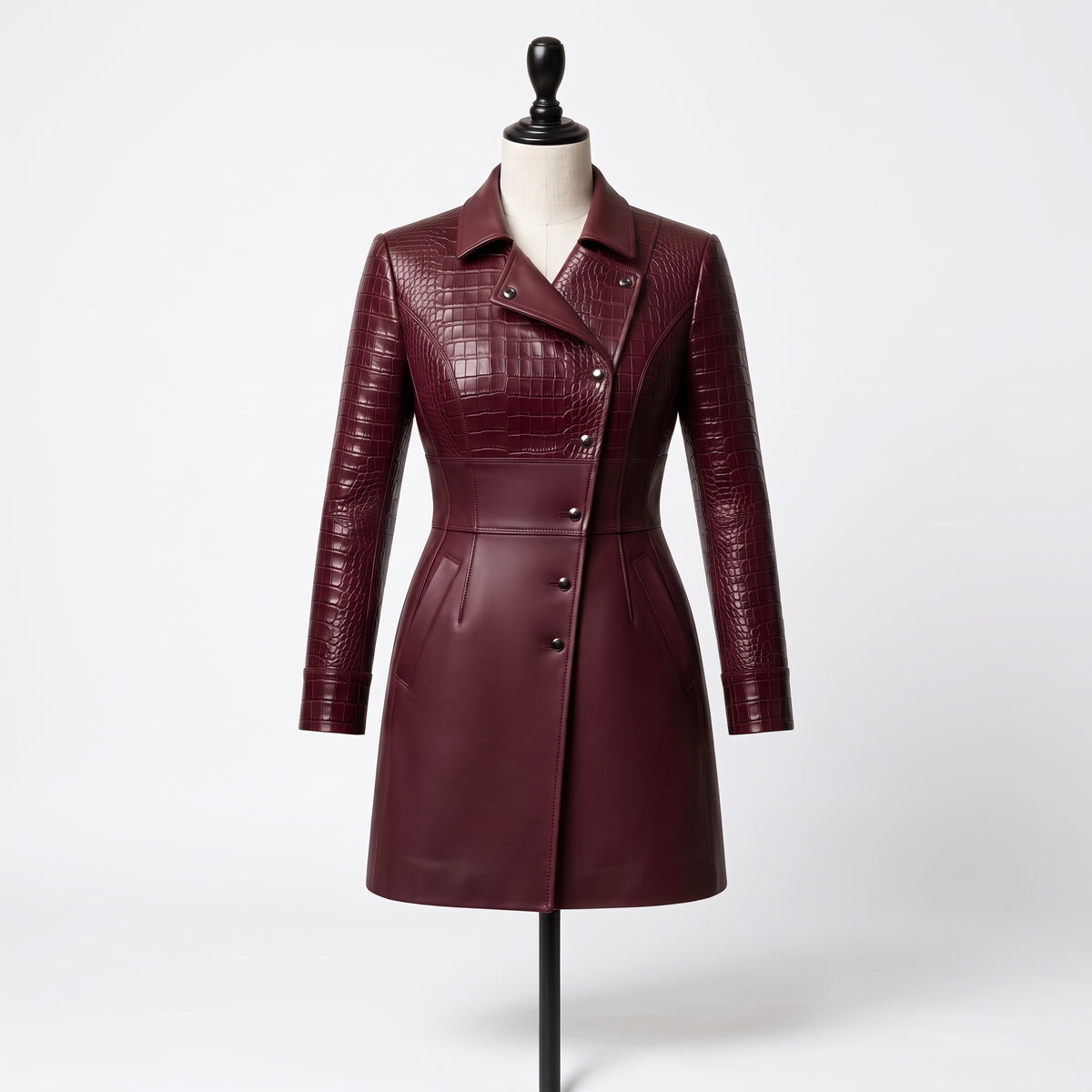 Women’s Burgundy Croc-Embossed Leather Coat – Asymmetrical Fitted Coat