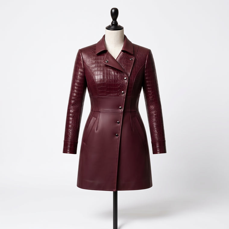 Women’s Burgundy Croc-Embossed Leather Coat – Asymmetrical Fitted Coat