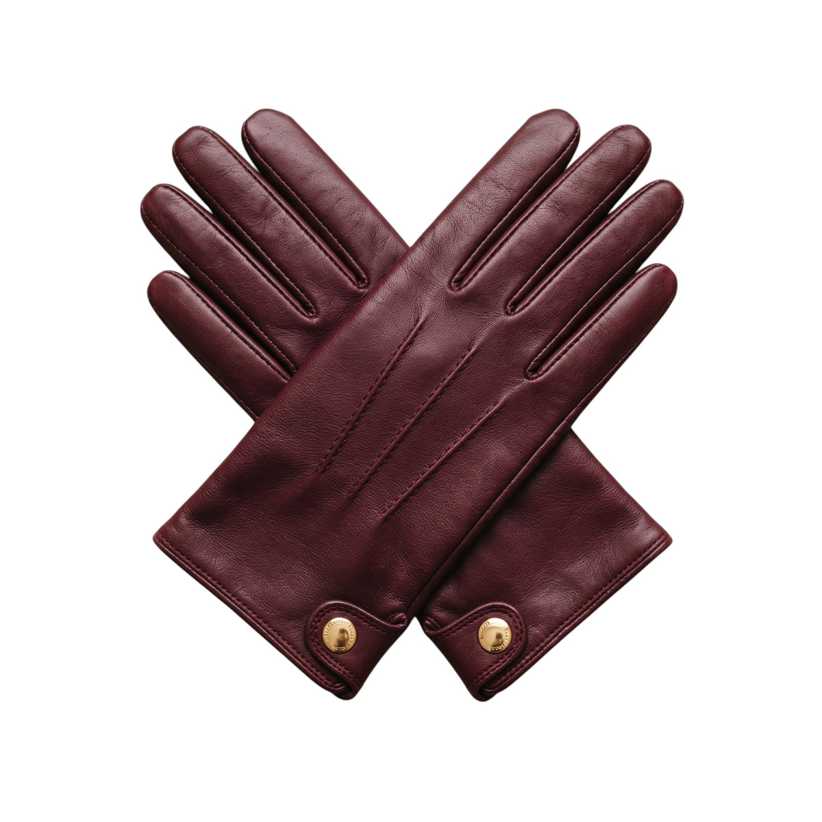 "A pair of burgundy leather gloves crossed in an X shape on a white background, featuring three decorative top stitches along the back of the hand and a small gold snap button on each cuff."