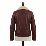 Men's Burgundy Leather Biker Jacket with Shearling Collar