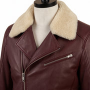 Men's Burgundy Leather Biker Jacket with Shearling Collar