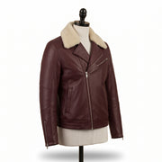 Men's Burgundy Leather Biker Jacket with Shearling Collar