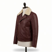 Men's Burgundy Leather Biker Jacket with Shearling Collar