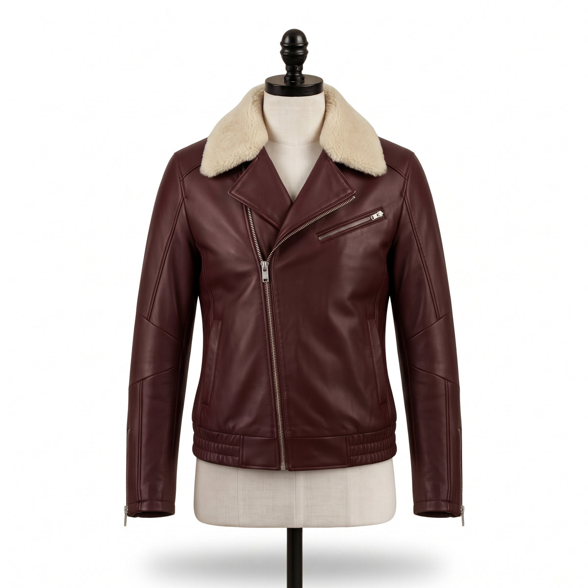 Men's Burgundy Leather Biker Jacket with Shearling Collar