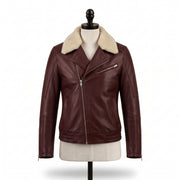 Men's Burgundy Leather Biker Jacket with Shearling Collar