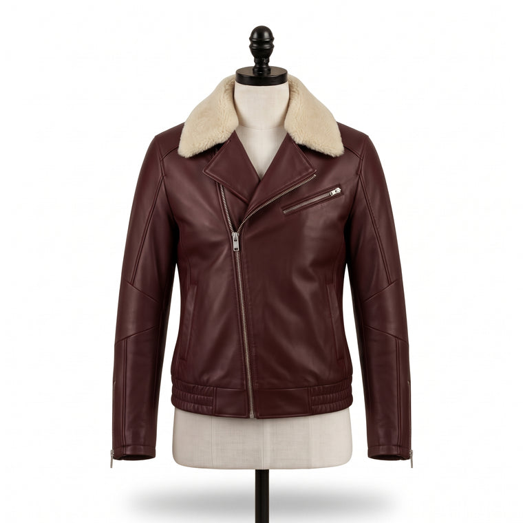 Men's Burgundy Leather Biker Jacket with Shearling Collar