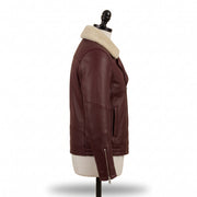 Men's Burgundy Leather Biker Jacket with Shearling Collar