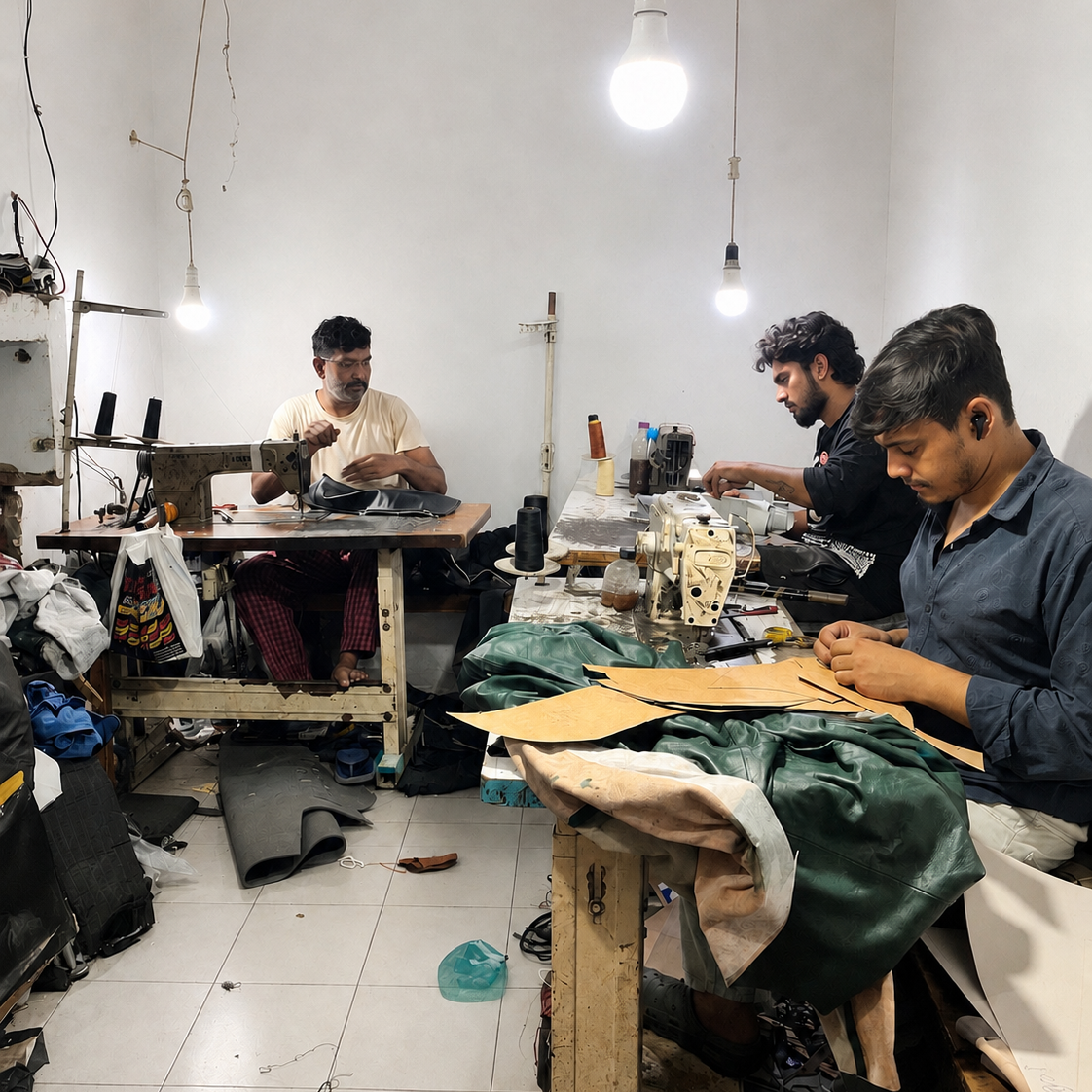 Leather product being stitched during Evermont production