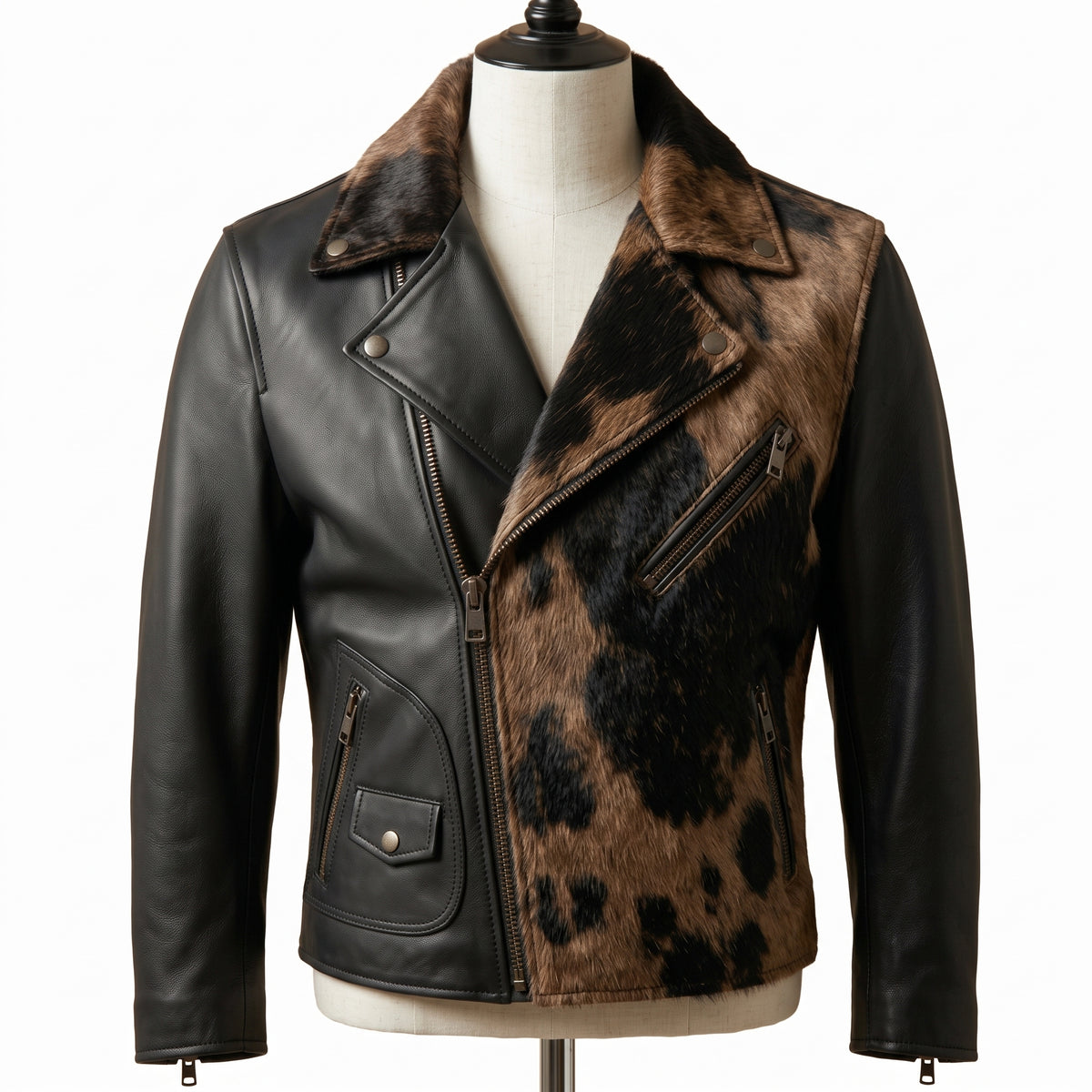 A black leather biker jacket with a brown and black cowhide-patterned fur collar and front panel, displayed on a cream mannequin torso against a white background.