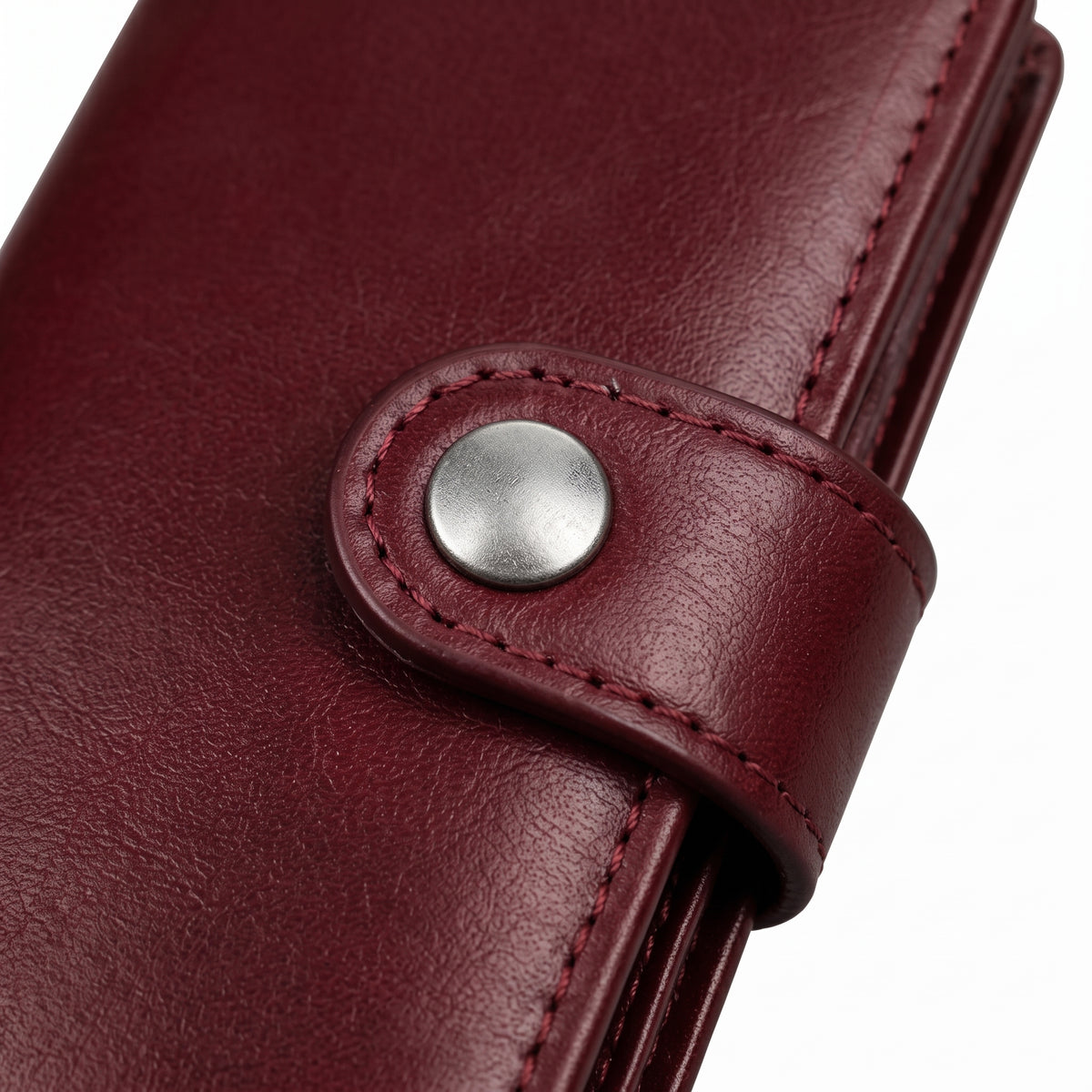 Burgundy Genuine Leather Long Bifold Wallet with Snap Button