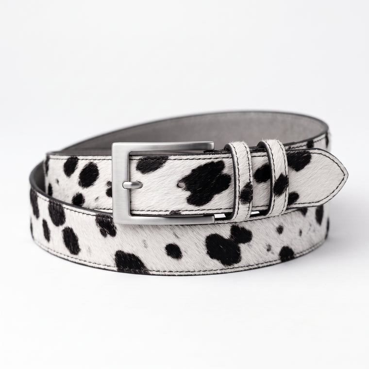 Black & White Cow Print Pony Hair Leather Belt