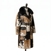 Hair-On Cowhide Trench Coat with Fur Collar