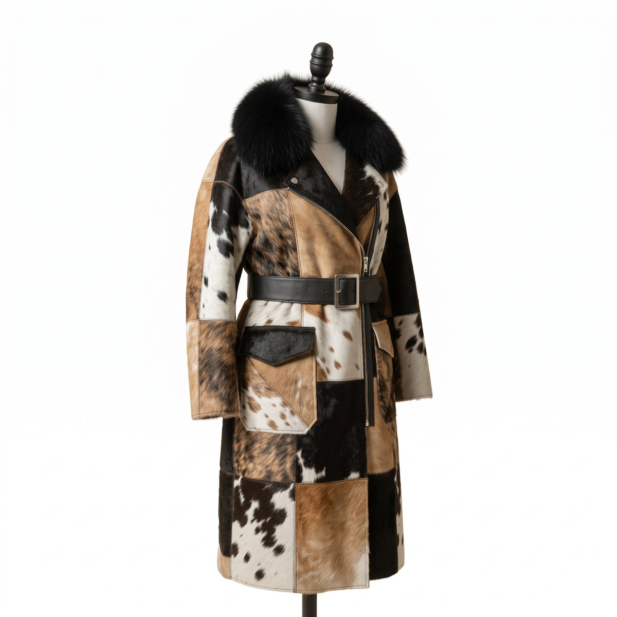 Hair-On Cowhide Trench Coat with Fur Collar