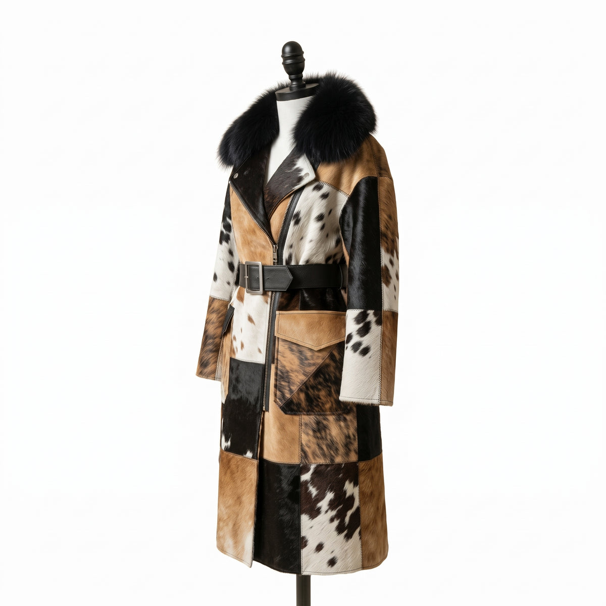 Hair-On Cowhide Trench Coat with Fur Collar