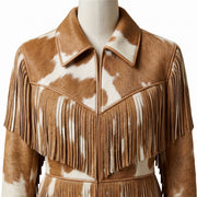 Women's Western Cowhide Leather Trench Coat with Fringes