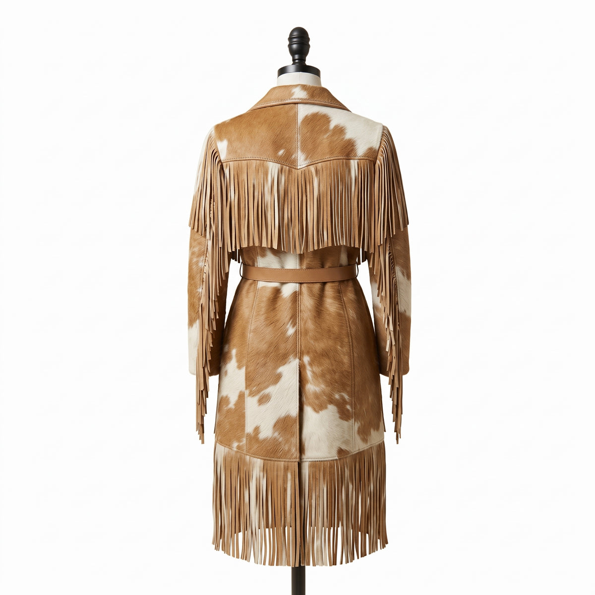 Women's Western Cowhide Leather Trench Coat with Fringes