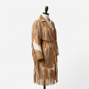 Women's Western Cowhide Leather Trench Coat with Fringes