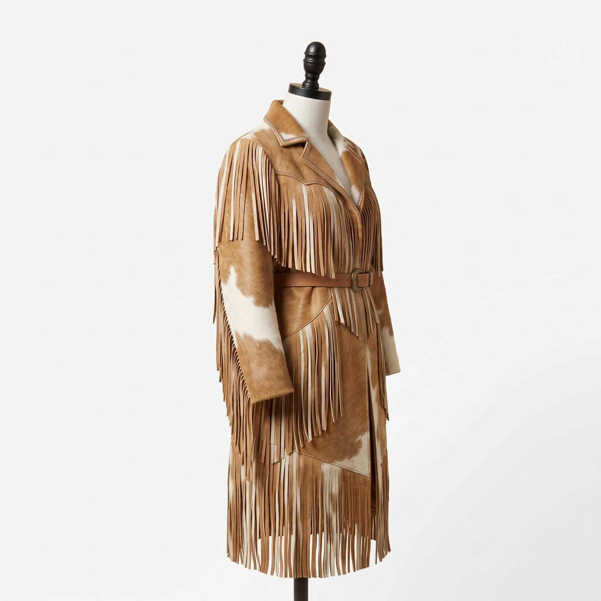 Women's Western Cowhide Leather Trench Coat with Fringes