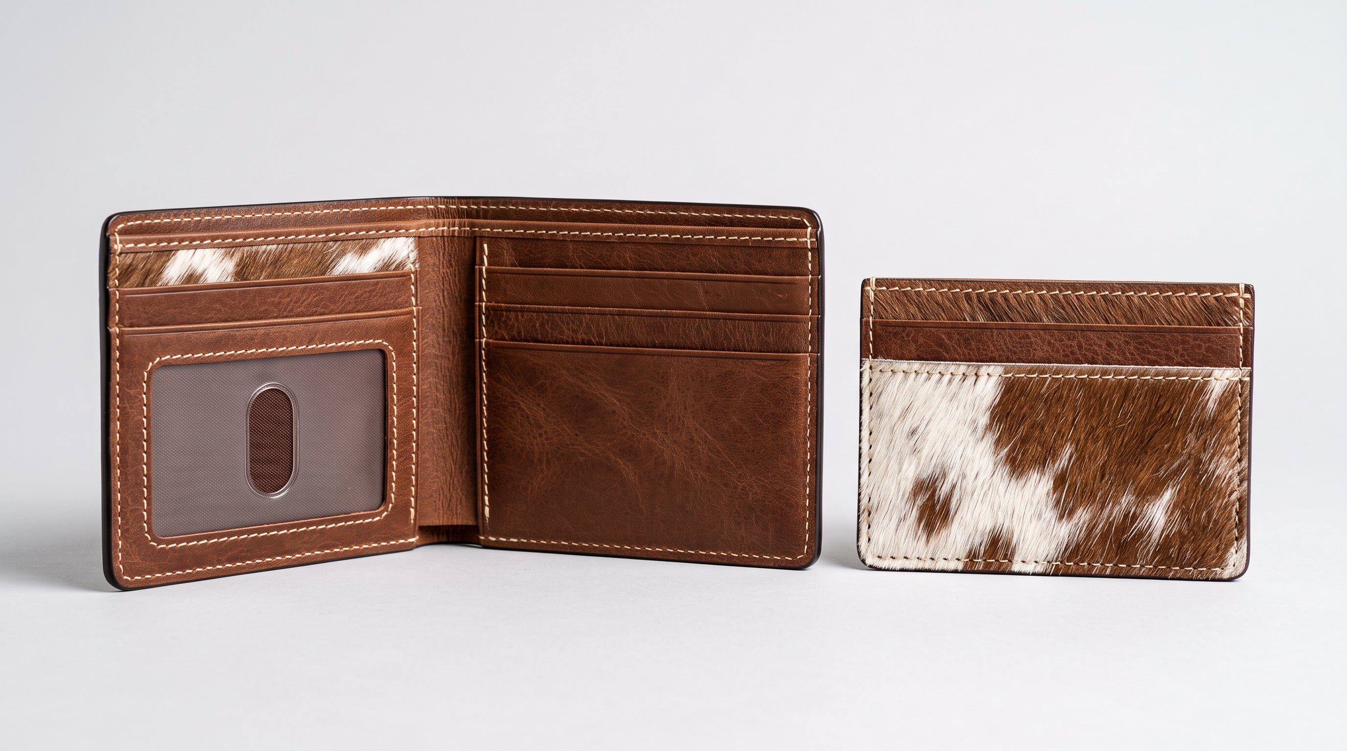 Cowhide Leather Bifold Wallet with ID Window & Matching Card Holder | Genuine Hair-On-Hide Mens Wallet Set