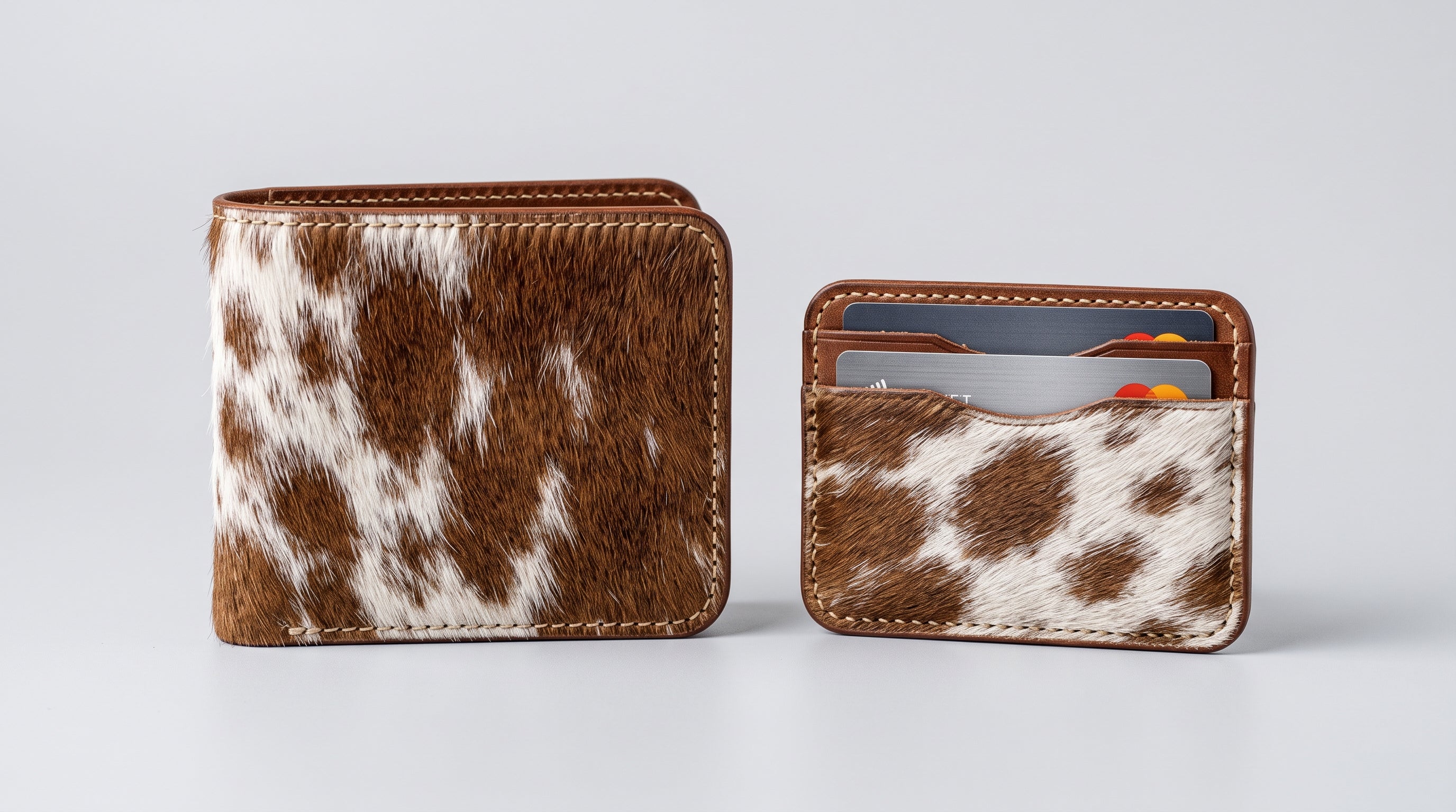 Cowhide Leather Bifold Wallet with ID Window & Matching Card Holder | Genuine Hair-On-Hide Mens Wallet Set