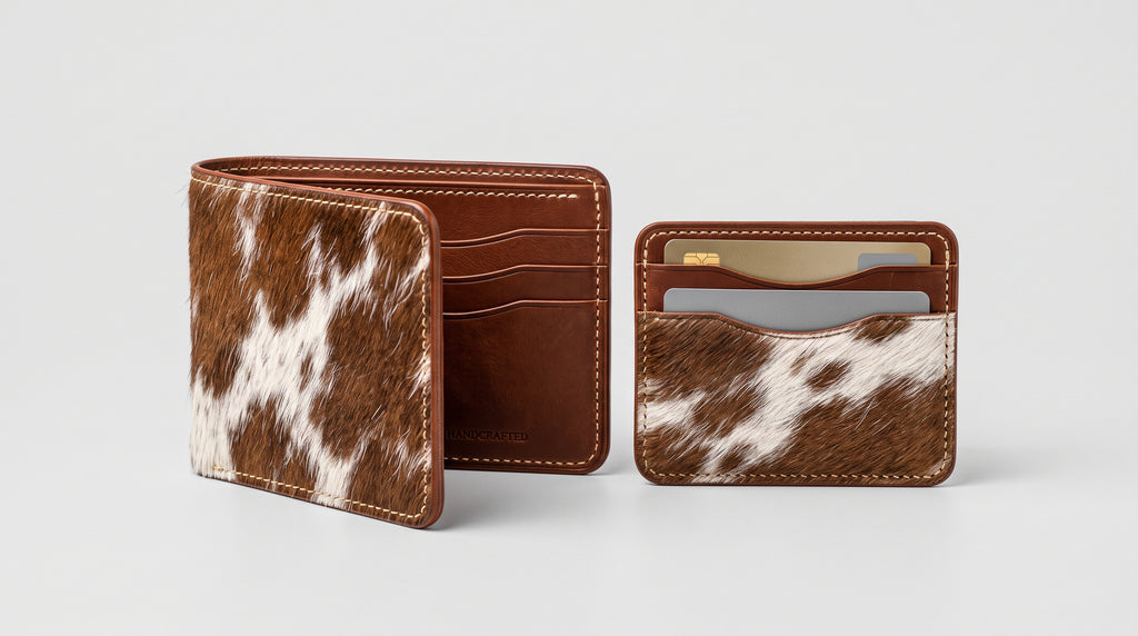 Cowhide Leather Bifold Wallet with ID Window & Matching Card Holder | Genuine Hair-On-Hide Mens Wallet Set