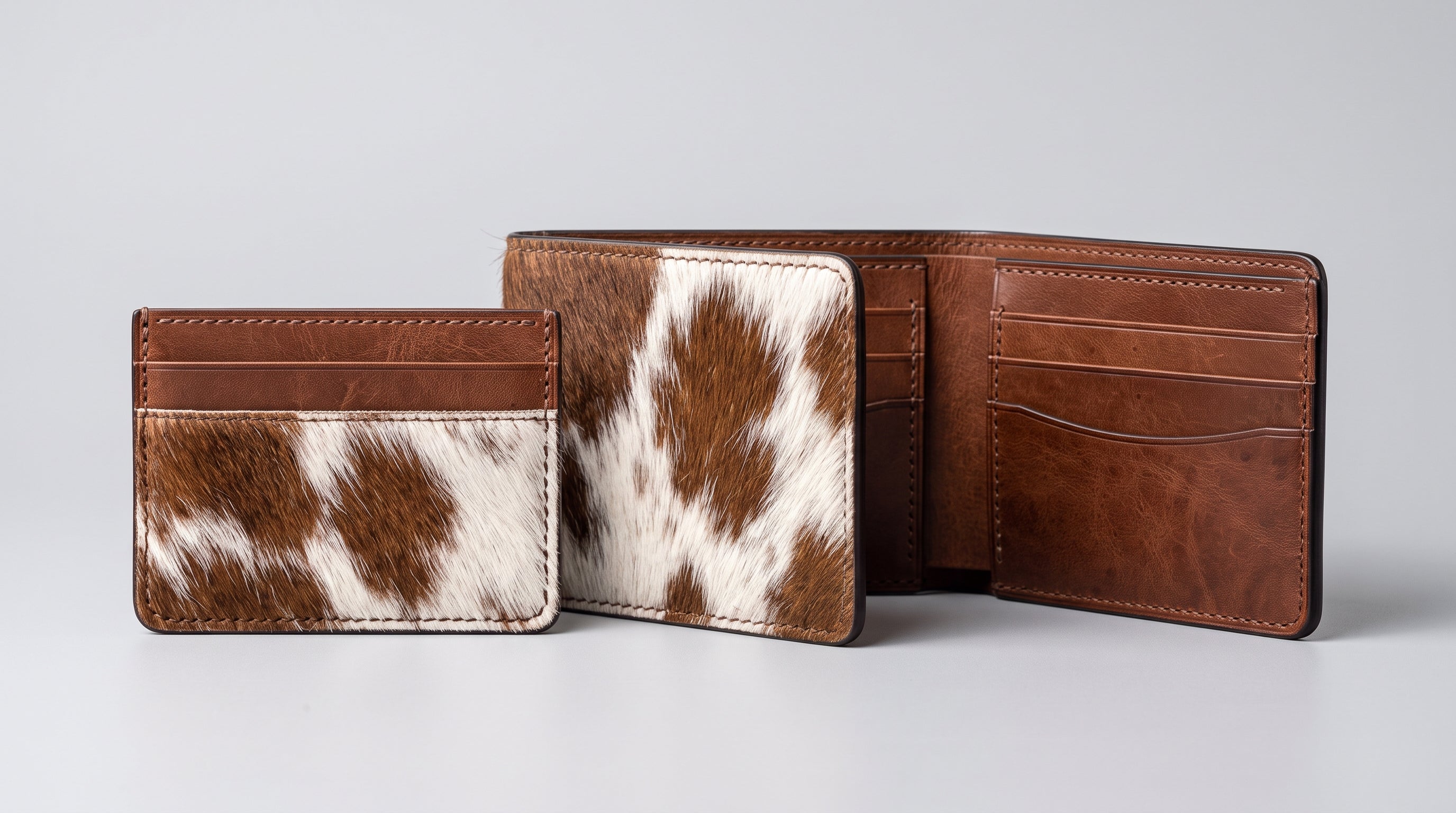 Cowhide Leather Bifold Wallet with ID Window & Matching Card Holder | Genuine Hair-On-Hide Mens Wallet Set