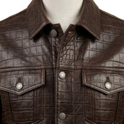 Men’s Dark Brown Crocodile Embossed Leather Trucker Jacket