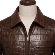 Crocodile Embossed Brown Leather Jacket
