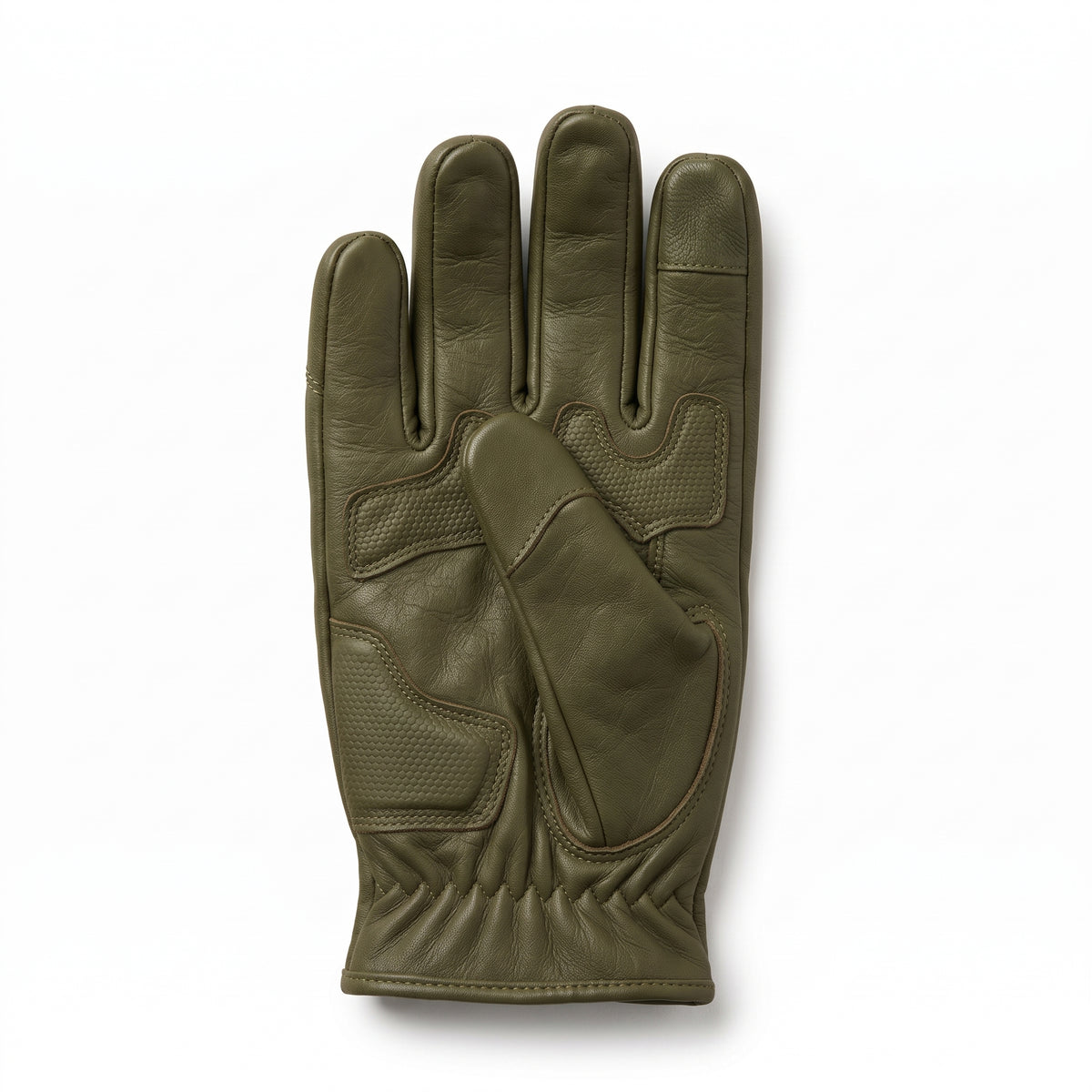 **"Palm view of olive green leather motorcycle glove with textured grip panels"**