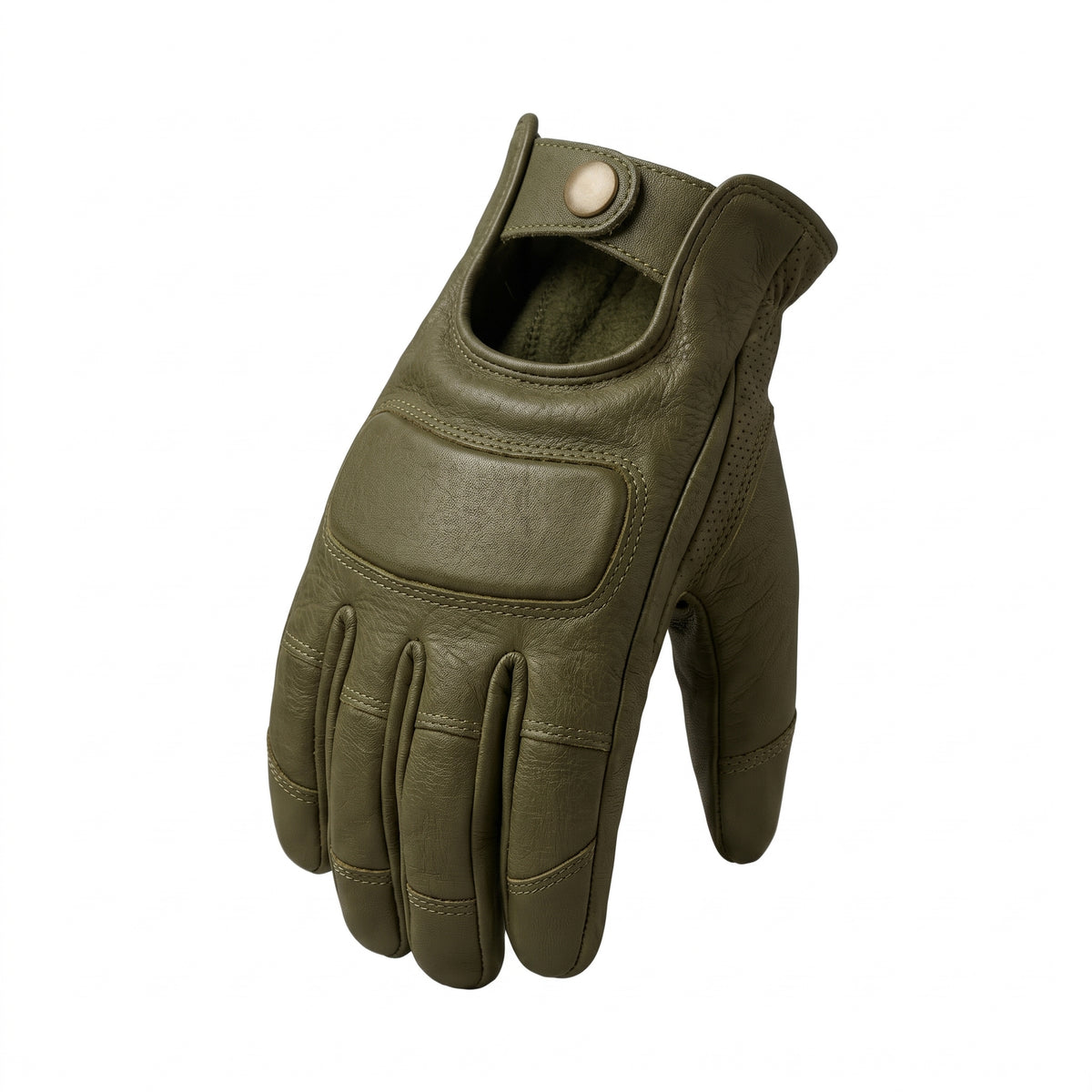 **"Angled view of olive leather motorcycle glove with knuckle armor and vents"**