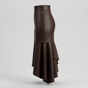 Brown Asymmetrical Ruffle Leather Midi Skirt – Women’s Leather Skirt