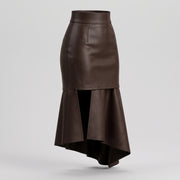 Brown Asymmetrical Ruffle Leather Midi Skirt – Women’s Leather Skirt