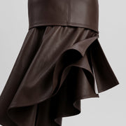 Brown Asymmetrical Ruffle Leather Midi Skirt – Women’s Leather Skirt