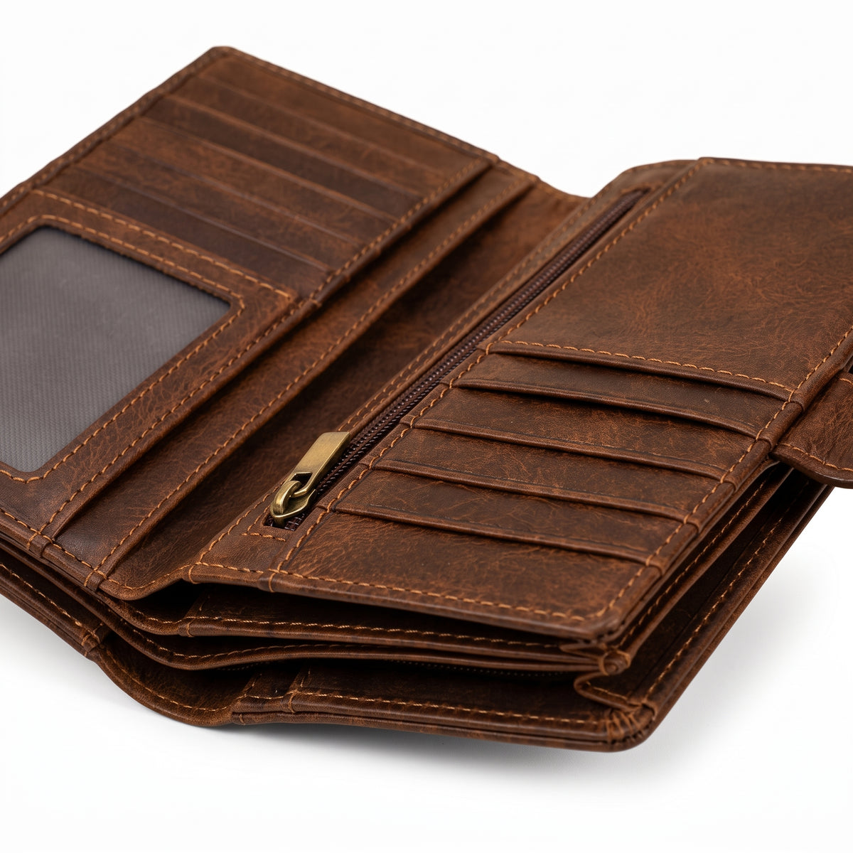Distressed Vintage Leather Long Bifold Wallet