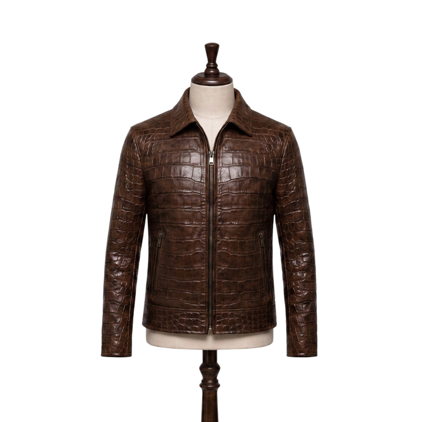 Crocodile Embossed Brown Leather Jacket