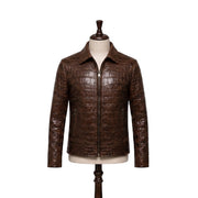 Crocodile Embossed Brown Leather Jacket