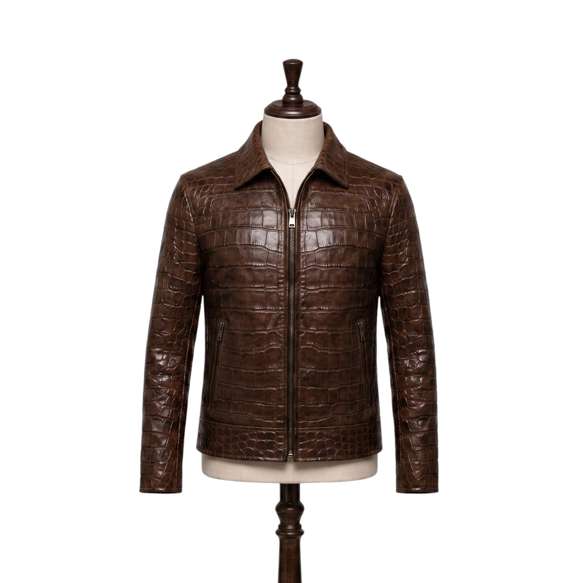 Crocodile Embossed Brown Leather Jacket