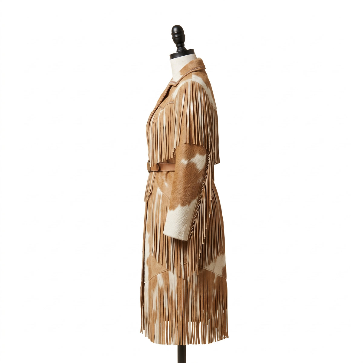 Women's Western Cowhide Leather Trench Coat with Fringes